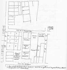 Immagine tratta dagli schizzi topografici disegnati da Giuseppe Guidicini a corredo delle note manoscritte delle "Cose Notabili ..." e pubblicati per la prima volta da Arnaldo Forni nel 2000.