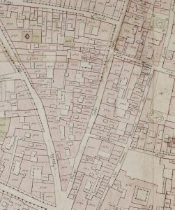 Particolare tratto dal Catasto Gregoriano (1835) della città di Bologna, messo a disposizione dall'Archivio di Stato di Roma con il progetto "Imago II".