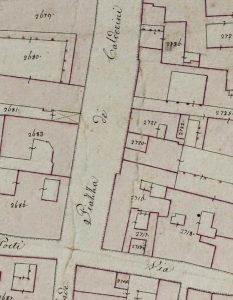 Particolare tratto dal Catasto Gregoriano (1835) della città di Bologna, messo a disposizione dall'Archivio di Stato di Roma con il progetto "Imago II".