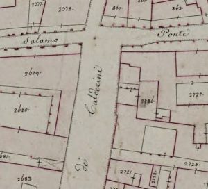 Particolare tratto dal Catasto Gregoriano (1835) della città di Bologna, messo a disposizione dall'Archivio di Stato di Roma con il progetto "Imago II".