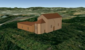 Ricostruzione 3D della chiesa di S. Maria del Monte della Guardia come poteva apparire nel 1481