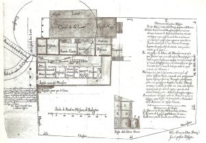 Planimetria (disegnata da C.F. Dotti) della chiesa preesistente (1696) su cui è disegnata l'ellisse del nuovo Santuario