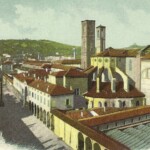Complesso di San Francesco prima dei restauri. Sono visibile le superfetazioni nel braccio settentrionale e nell'abside. Il portico con l'ingresso monumentale è ancora integro.