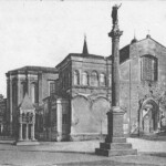 Piazza San Domenico E' stato demolito (1876) il portico antistante la facciata della basilica, ma il fronte non è ancora stato restaurato (lo sarà nel 1909). Immagine da cartolina (collezione privata).