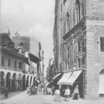 Via Rizzoli vista dalla Due Torri prima di ogni intervento di demolizione. Sulla destra il palazzo degli Strazzaroli