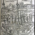 La bella immagine in antiporta al libro primo della deca seconda con la vedutina di Bologna con il colle della Guardia a destra in alto.