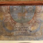 Arco 249 - Cartiglio con la scritta "Gio. Batta Cella" a cui si sovrappone l'indicazione della numerazione del comune di Bologna (170 S. Giuseppe).