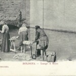 Lavandaie all'opera nel primo tratto del Canale di Reno all'interno delle mura. La parete che si vede dall'altra parte del canale è quella della chiesa di Santa Maria e San Velentino della Grada.