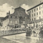 Il porto di Bologna. Al centro la struttura delle Dogana (demolita nel 1934). La somiglianza con una chiesa e la presenza sul canale delle lavandaie furono causa del nome popolare che questo edificio ebbe: la "cisa di lavandèr", la chiesa dei lavandai. Al centro della facciata c'è un scultura in terracotta policroma di Camillo Mazza (1602-1672) raffigurante la Madonna con Bambino, scultura che, salvata dalla demolizione, è ora in cima allo scalone d'onore di Palazzo d'Accursio.