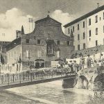 Il porto di Bologna. Al centro la struttura delle Dogana (demolita nel 1934). La somiglianza con una chiesa e la presenza sul canale delle lavandaie furono causa del nome popolare che questo edificio ebbe: la "cisa di lavandèr", la chiesa dei lavandai. Al centro della facciata c'è un scultura in terracotta policroma di Camillo Mazza (1602-1672) raffigurante la Madonna con Bambino, scultura che, salvata dalla demolizione, è ora in cima allo scalone d'onore di Palazzo d'Accursio.