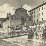 Il porto di Bologna. Al centro la struttura delle Dogana (demolita nel 1934). La somiglianza con una chiesa e la presenza sul canale delle lavandaie furono causa del nome popolare che questo edificio ebbe: la "cisa di lavandèr", la chiesa dei lavandai. Al centro della facciata c'è un scultura in terracotta policroma di Camillo Mazza (1602-1672) raffigurante la Madonna con Bambino, scultura che, salvata dalla demolizione, è ora in cima allo scalone d'onore di Palazzo d'Accursio.