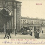 Piazza Maggiore (allora si chiamava Piazza Vittorio Emanuele). Da notare il tram a cavalli.