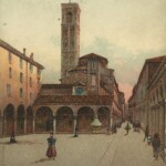Immagine precedente il 1906, anno in cui fu abbattuto il portico che si vede al centro, addossato ad un relitto della seconda cerchia di mura di Bologna, la cosiddetta "Cerchia del Mille" (sec. XII, XIII).