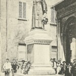 La statua di Ugo Bassi quando era nei pressi del Mercato delle Erbe, non lontano da dove è oggi